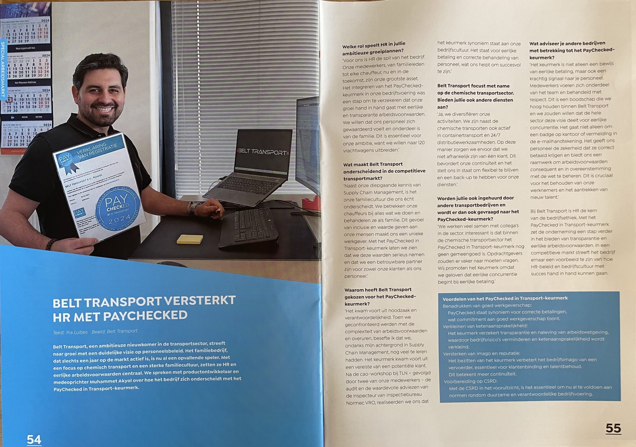 Artikel in TLN HUB-magazine: Belt transport versterkt HR met PayChecked in Transport